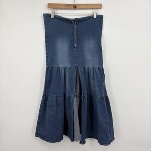 Vintage Y2K Maxi Skirt Women 0 Small Denim Cowgirl Western Festival Tiered Slit